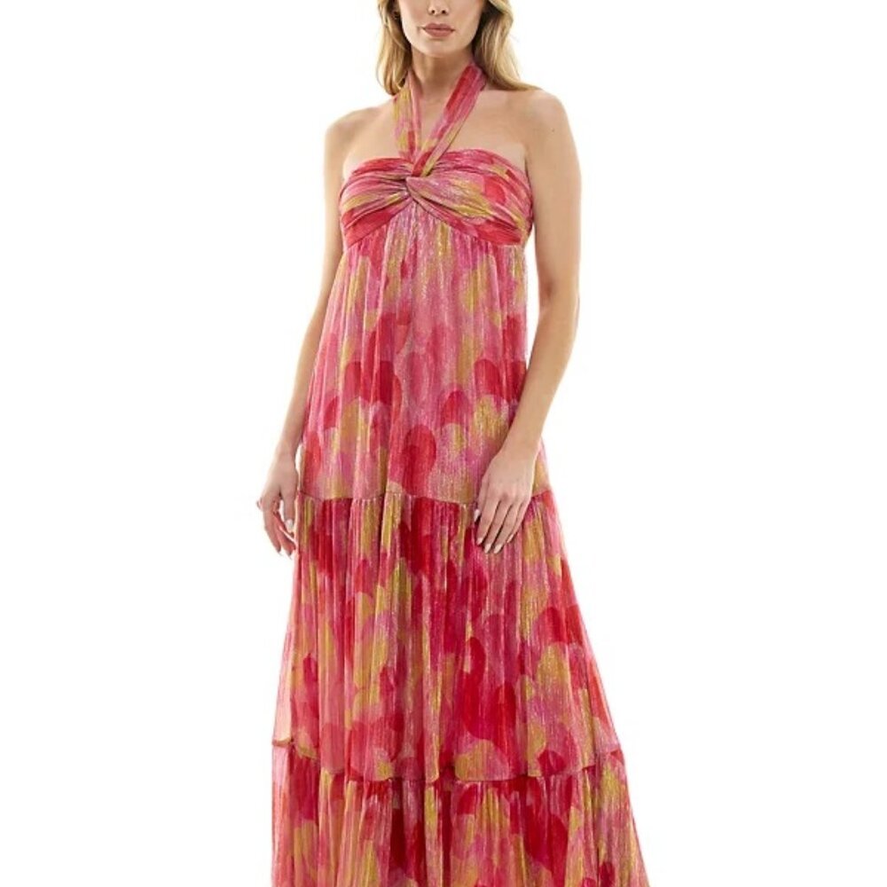 Violet Weekend Juniors' Metallic Printed Halter Maxi Dress Sunset/Pineapple
